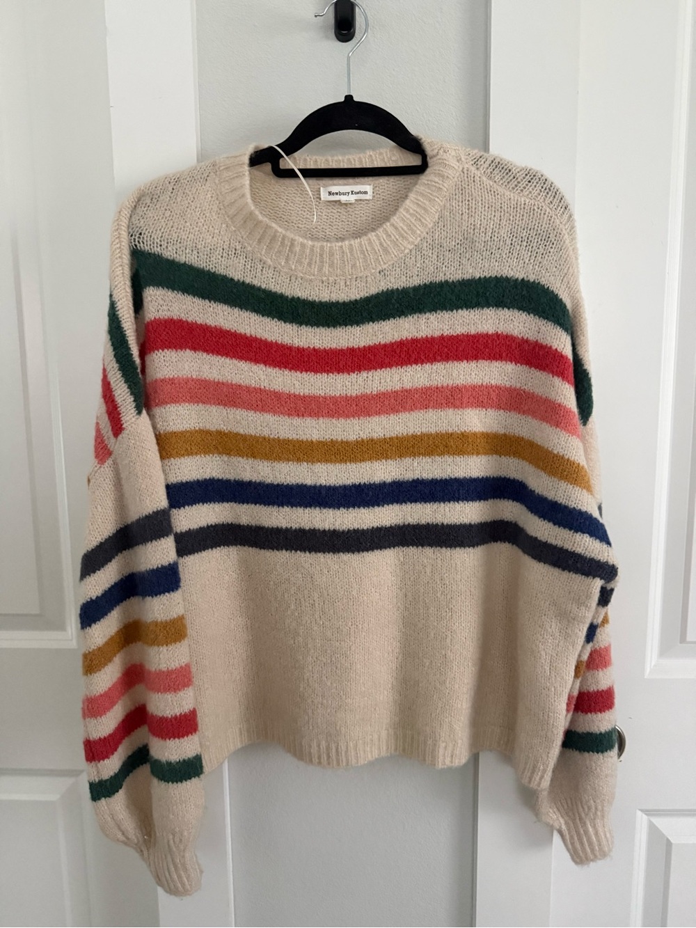 Vici Cream Crewneck Sweater with Green, Red, Pink, Mustard & Navy Stripes